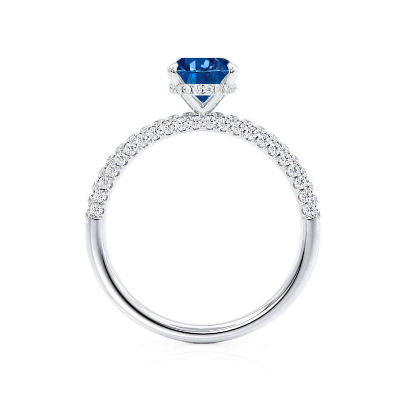 COCO - Oval Blue Sapphire & Diamond 18k White Gold Petite Hidden Halo Triple Pavé Shoulder Set Ring Engagement Ring Lily Arkwright