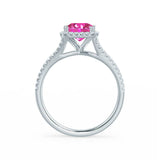 EVERLY - Radiant Pink Sapphire & Diamond 18k White Gold Split Shank Halo Ring Engagement Ring Lily Arkwright