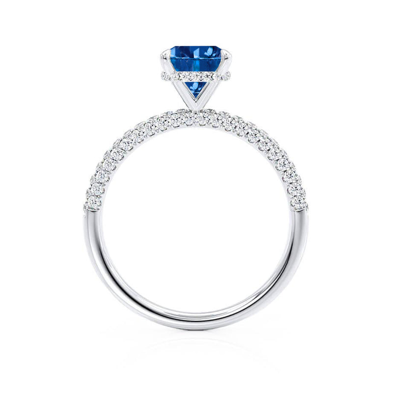 COCO - Cushion Blue Sapphire & Diamond 18k White Gold Hidden Halo Triple Pavé Shoulder Set Engagement Ring Lily Arkwright