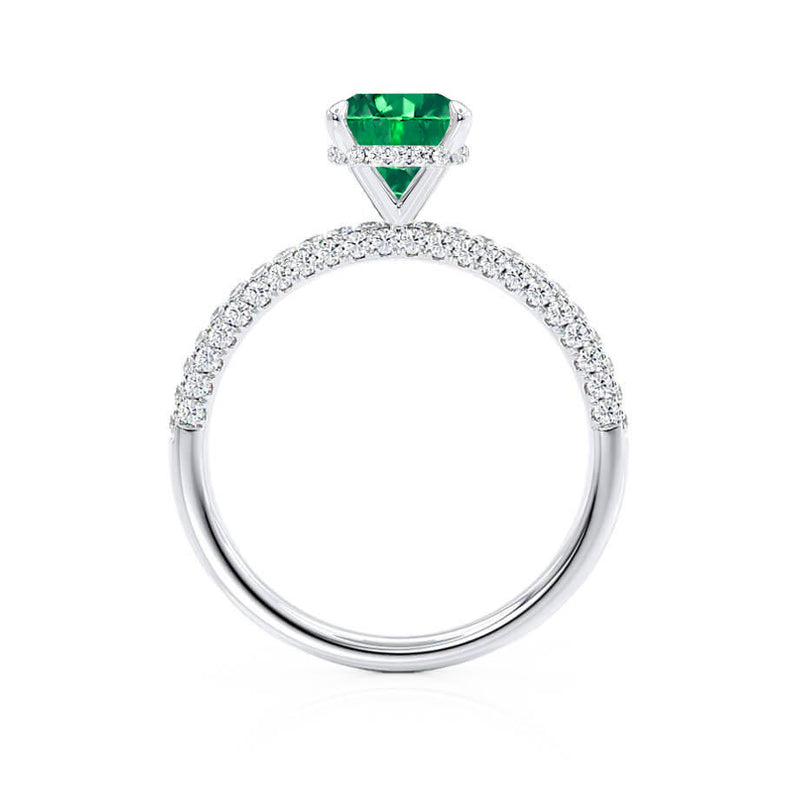 COCO - Cushion Emerald & Diamond 950 Platinum Hidden Halo Triple Pavé Shoulder Set Engagement Ring Lily Arkwright