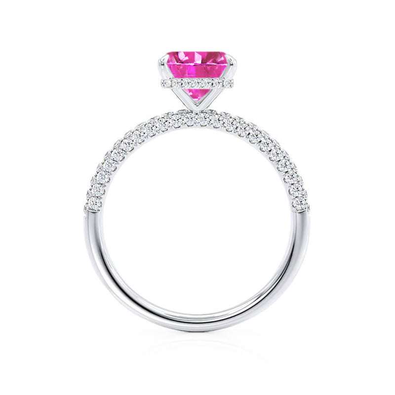 COCO - Princess Pink Sapphire & Diamond 18k White Gold Hidden Halo Triple Pavé Shoulder Set Engagement Ring Lily Arkwright
