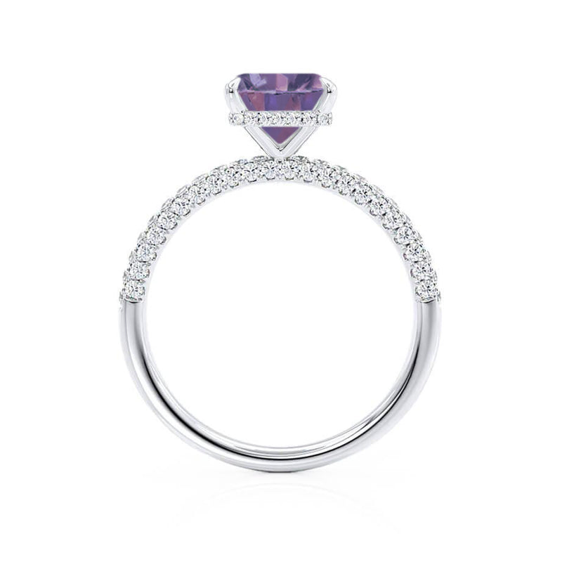 COCO - Princess Alexandrite & Diamond 18k White Gold Hidden Halo Triple Pavé Shoulder Set Engagement Ring Lily Arkwright