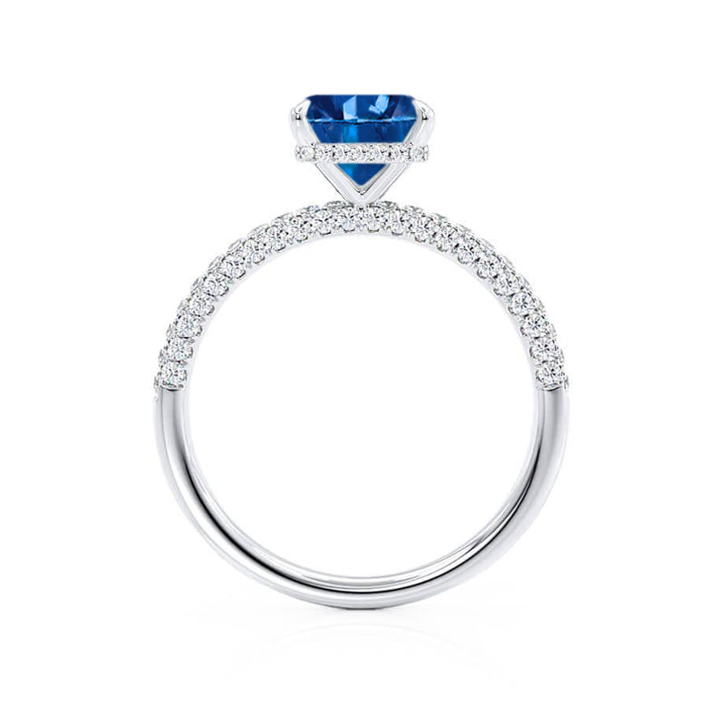 COCO - Princess Blue Sapphire & Diamond 18k White Gold Hidden Halo Triple Pavé Shoulder Set Engagement Ring Lily Arkwright