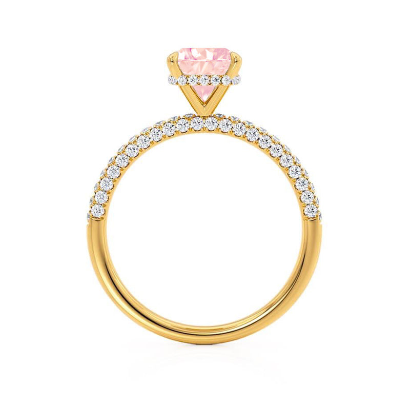 COCO - Cushion Champagne Sapphire & Diamond 18k Yellow Gold Hidden Halo Triple Pavé Shoulder Set Engagement Ring Lily Arkwright