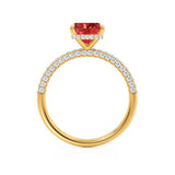 COCO - Princess Ruby & Diamond 18k Yellow Gold Hidden Halo Triple Pavé Shoulder Set Engagement Ring Lily Arkwright