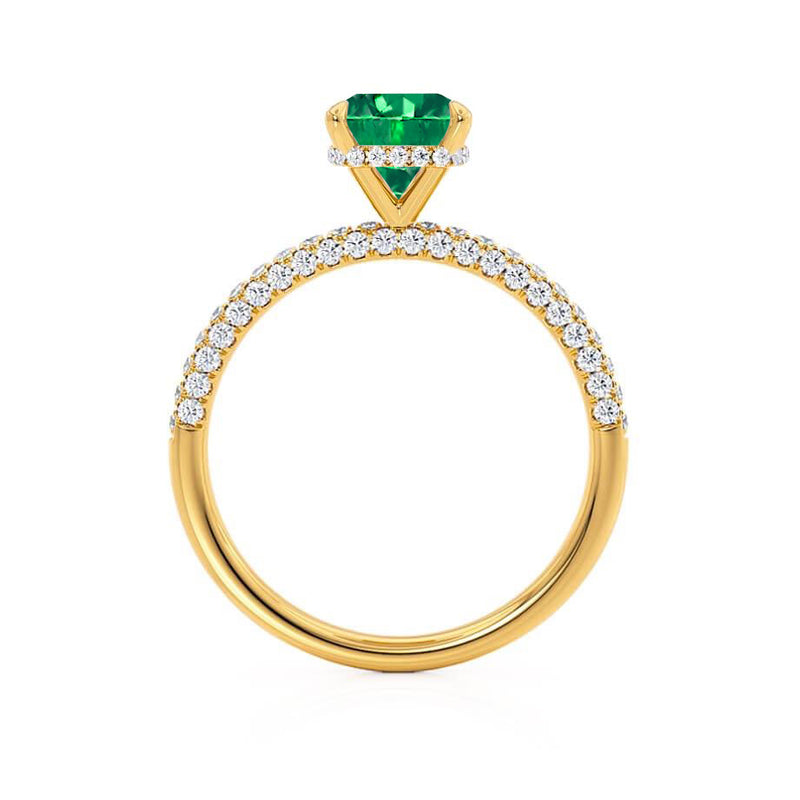COCO - Cushion Emerald & Diamond 18k Yellow Gold Hidden Halo Triple Pavé Shoulder Set Engagement Ring Lily Arkwright