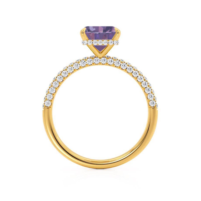 COCO - Princess Alexandrite & Diamond 18k Yellow Gold Hidden Halo Triple Pavé Shoulder Set Engagement Ring Lily Arkwright