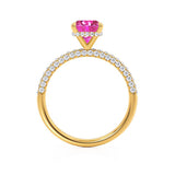 COCO - Cushion Pink Sapphire & Diamond 18k Yellow Gold Hidden Halo Triple Pavé Shoulder Set Engagement Ring Lily Arkwright
