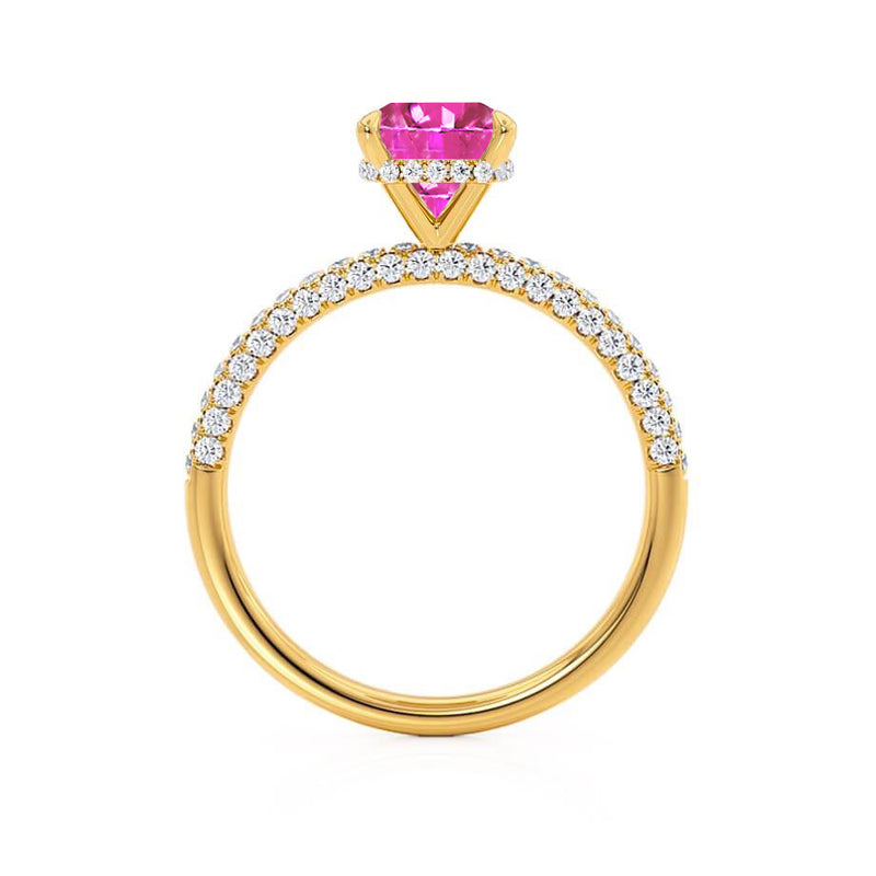 COCO - Cushion Pink Sapphire & Diamond 18k Yellow Gold Hidden Halo Triple Pavé Shoulder Set Engagement Ring Lily Arkwright