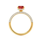 COCO - Oval Ruby & Diamond 18k Yellow Gold Petite Hidden Halo Triple Pavé Shoulder Set Ring Engagement Ring Lily Arkwright
