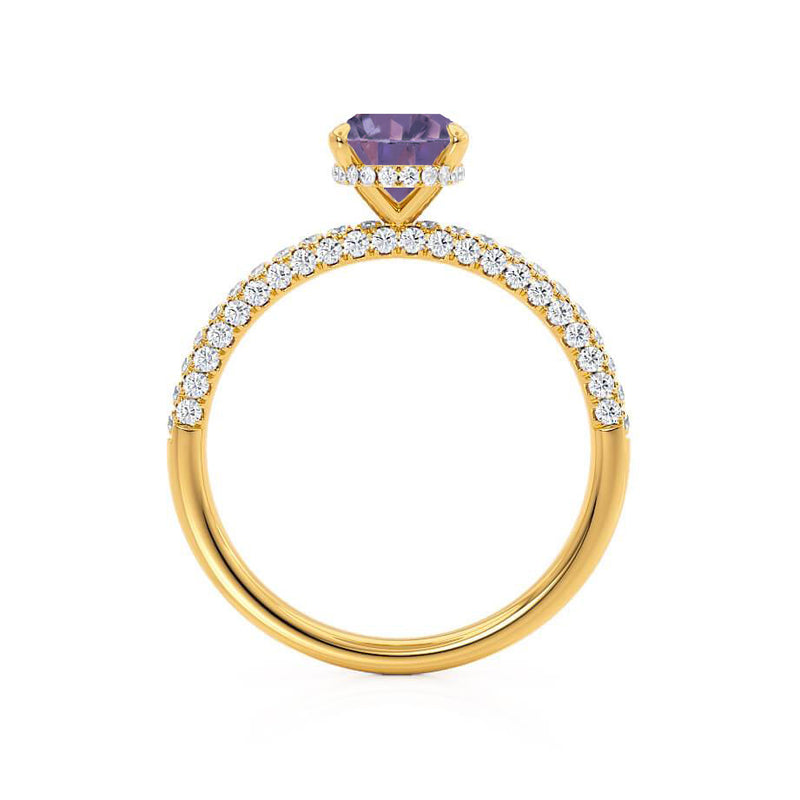 COCO - Oval Alexandrite & Diamond 18k Yellow Gold Petite Hidden Halo Triple Pavé Shoulder Set Ring Engagement Ring Lily Arkwright