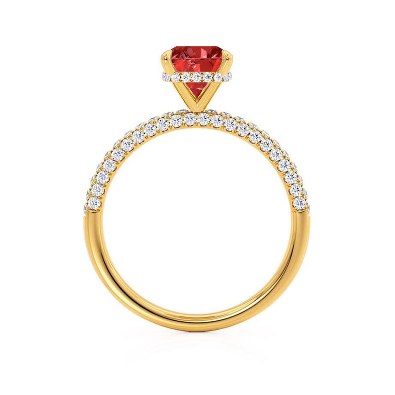 COCO - Cushion Ruby & Diamond 18k Yellow Gold Hidden Halo Triple Pavé Shoulder Set Engagement Ring Lily Arkwright