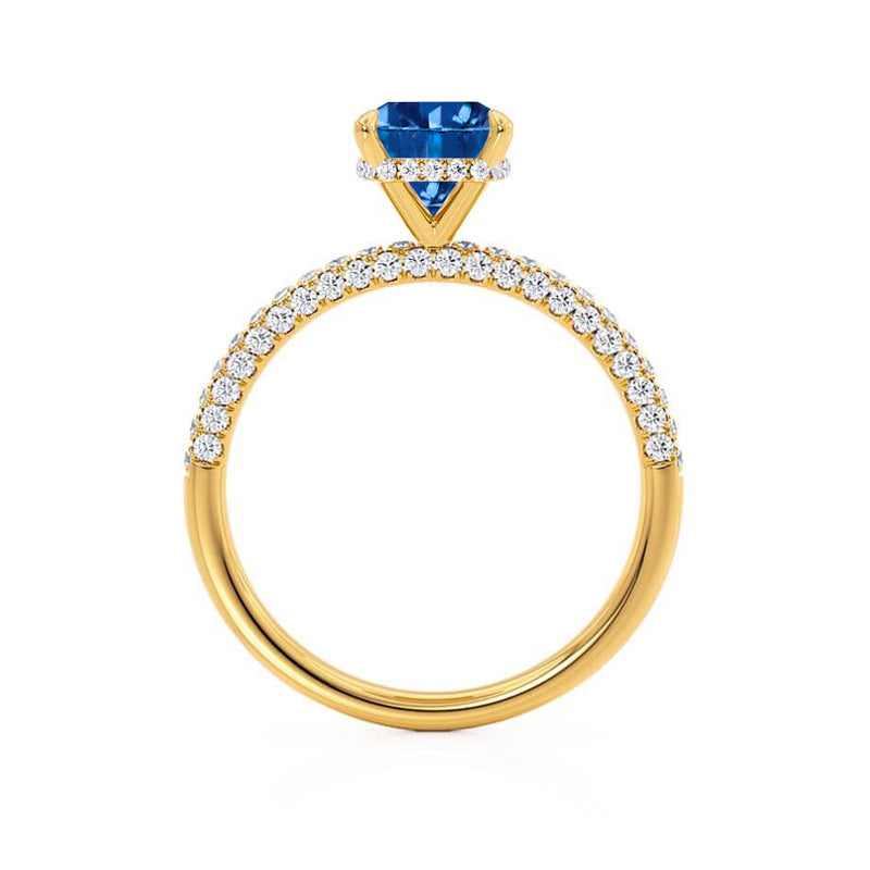 COCO - Cushion Blue Sapphire & Diamond 18k Yellow Gold Hidden Halo Triple Pavé Shoulder Set Engagement Ring Lily Arkwright