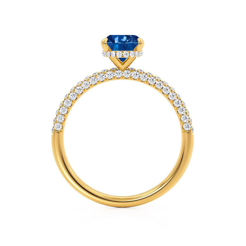 COCO - Oval Blue Sapphire & Diamond 18k Yellow Gold Petite Hidden Halo Triple Pavé Shoulder Set Ring Engagement Ring Lily Arkwright
