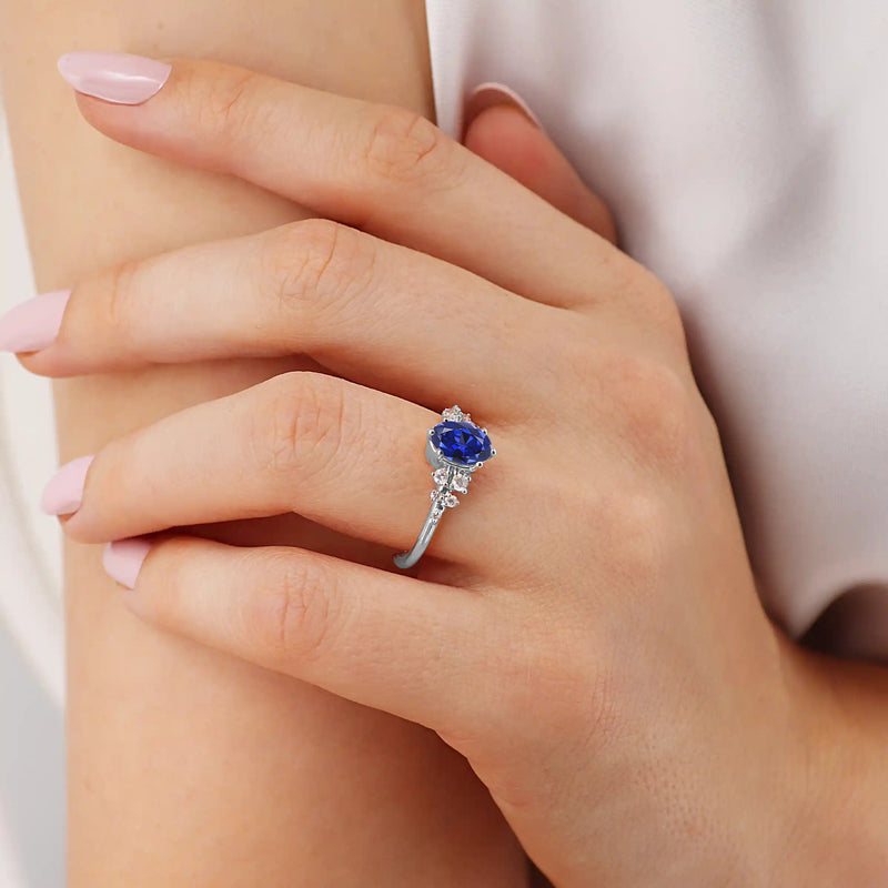 ALYA - Chatham® Oval Blue Sapphire Starburst Cluster Shoulder Set Engagement Ring 950 Platinum