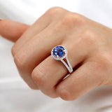 AMELIA - Round Cut 3.00ct Chatham® Lab Blue Sapphire & Diamond Platinum Halo Engagement Ring Lily Arkwright 