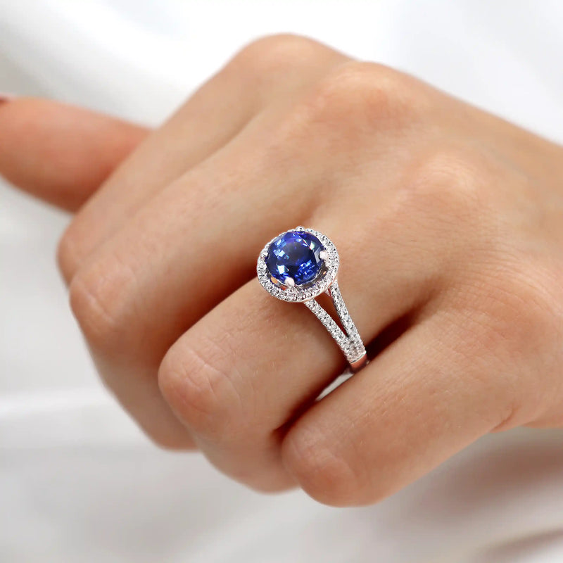 AMELIA - Round Cut 3.00ct Chatham® Lab Grown Sapphire & Diamond Platinum Halo Engagement Ring Lily Arkwright 