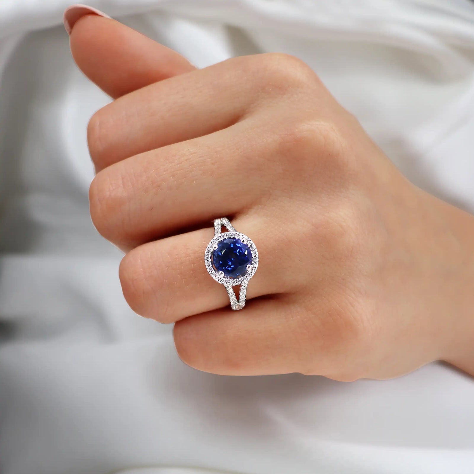 AMELIA Chatham Lab Grown Blue Sapphire Diamond Platinum Halo Ring Lily Arkwright