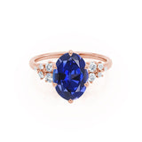 ALYA - Chatham® Oval Blue Sapphire Starburst Cluster Shoulder Set Engagement Ring 18k Rose Gold