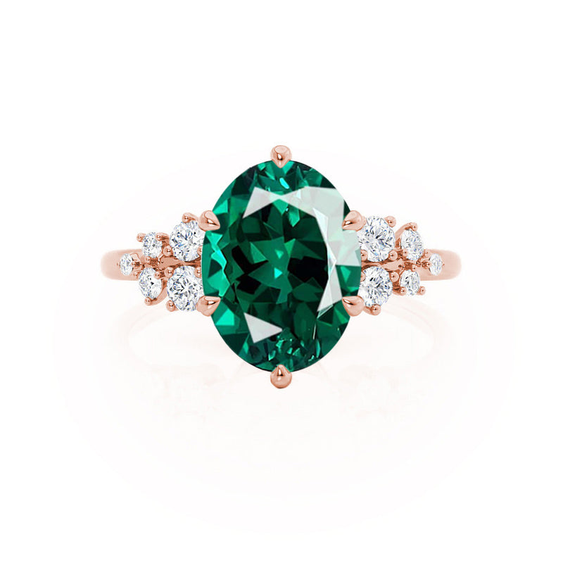 ALYA - Chatham® Oval Emerald Starburst Cluster Shoulder Set Engagement Ring 18k Rose Gold