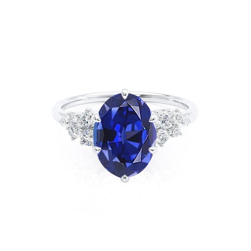 ALYA - Chatham® Oval Blue Sapphire Starburst Cluster Shoulder Set Engagement Ring 950 Platinum