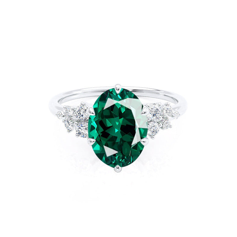 ALYA - Chatham® Oval Emerald Starburst Cluster Shoulder Set Engagement Ring 18k White Gold