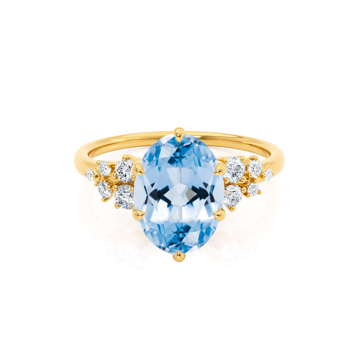 ALYA - Oval Aquamarine Blue Sapphire Starburst Cluster Shoulder Set Engagement Ring 18k Yellow Gold