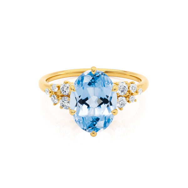 ALYA - Chatham® Oval Aqua Spinel Starburst Cluster Shoulder Set Engagement Ring 18k Yellow Gold