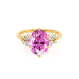 ALYA - Chatham® Oval Pink Sapphire Starburst Cluster Shoulder Set Engagement Ring 18k Yellow Gold