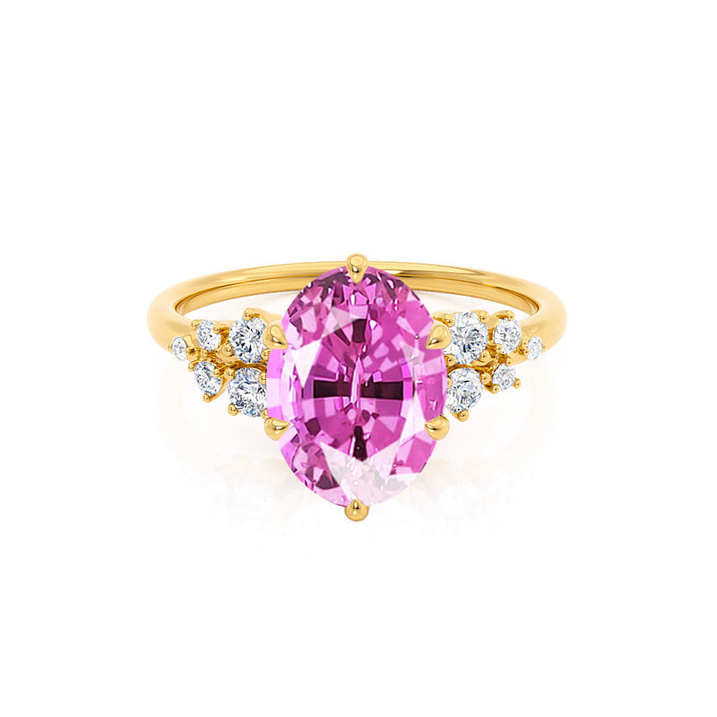 ALYA - Chatham® Oval Pink Sapphire Starburst Cluster Shoulder Set Engagement Ring 18k Yellow Gold