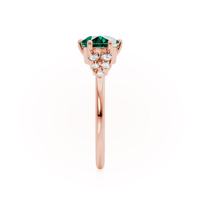 ALYA - Chatham® Oval Emerald Starburst Cluster Shoulder Set Engagement Ring 18k Rose Gold