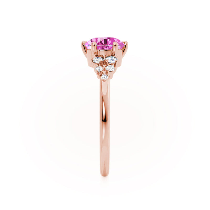 ALYA - Chatham® Oval Pink Sapphire Starburst Cluster Shoulder Set Engagement Ring 18k Rose Gold