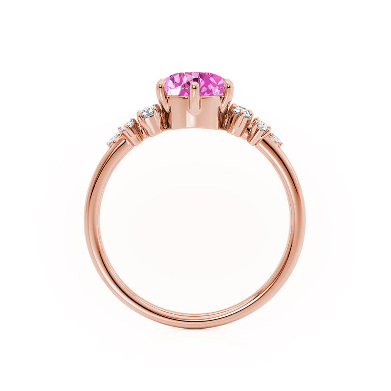 ALYA - Chatham® Oval Pink Sapphire Starburst Cluster Shoulder Set Engagement Ring 18k Rose Gold