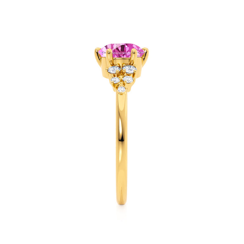 ALYA - Chatham® Oval Pink Sapphire Starburst Cluster Shoulder Set Engagement Ring 18k Yellow Gold