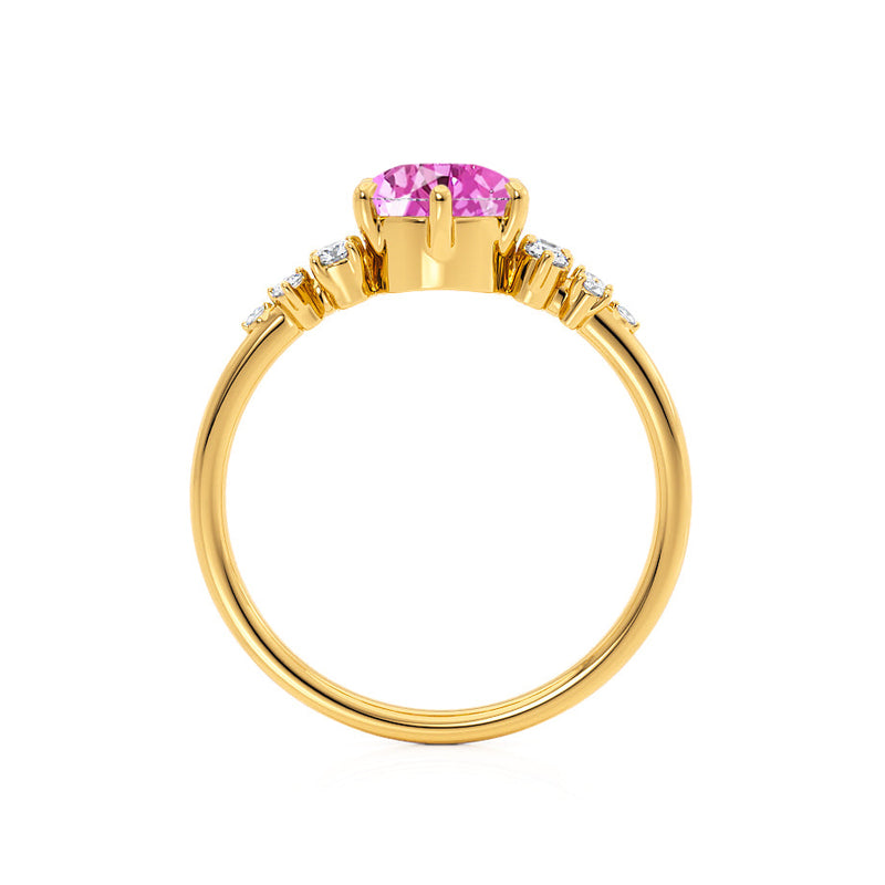 ALYA - Chatham® Oval Pink Sapphire Starburst Cluster Shoulder Set Engagement Ring 18k Yellow Gold