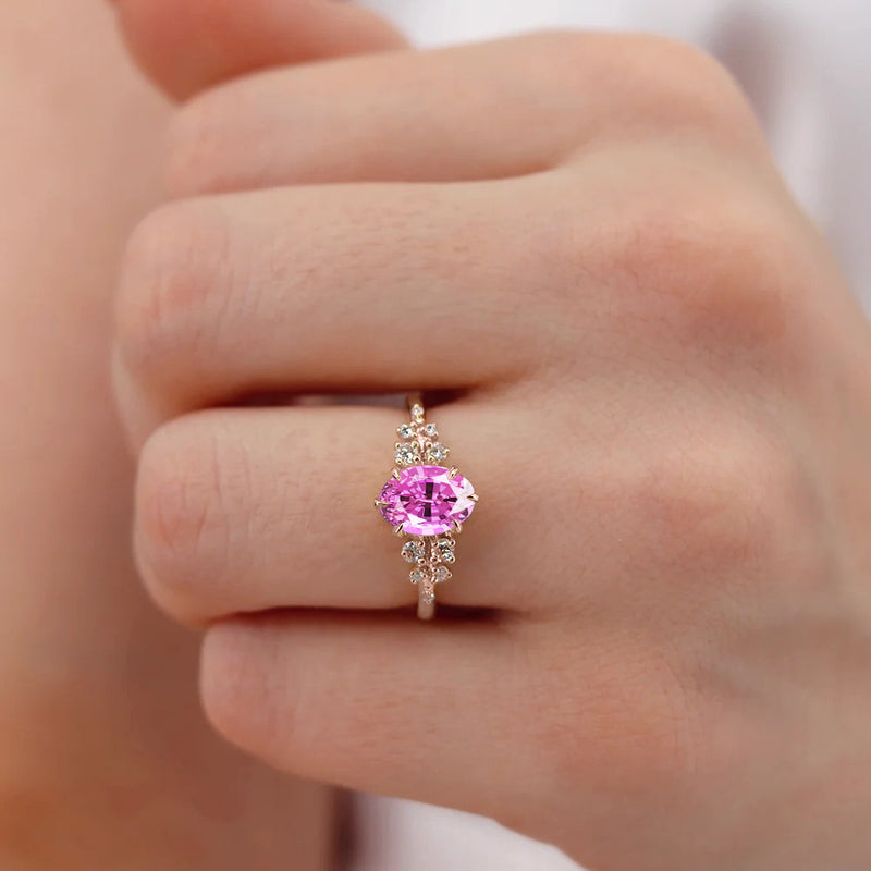 ALYA - Chatham® Oval Pink Sapphire Starburst Cluster Shoulder Set Engagement Ring 18k Rose Gold