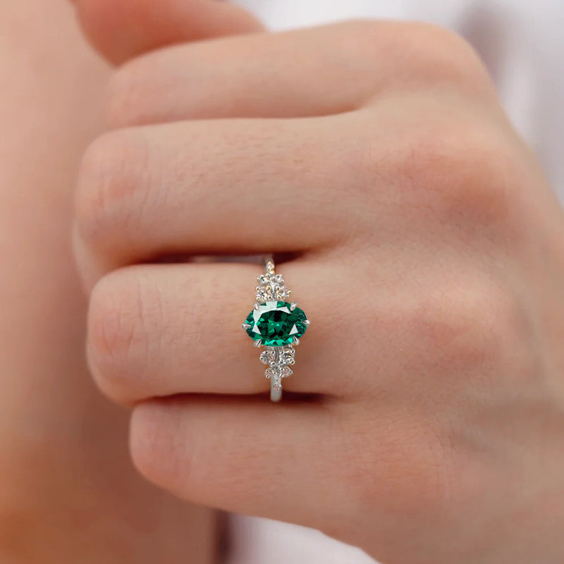 ALYA - Chatham® Oval Emerald Starburst Cluster Shoulder Set Engagement Ring 18k White Gold