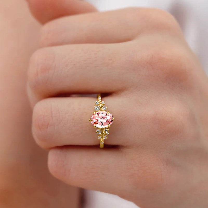 ALYA - Chatham® Oval Champagne True Sapphire Starburst Cluster Shoulder Set Engagement Ring 18k Yellow Gold