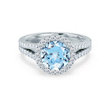 AMELIA - Lab Grown Aqua Spinel & Diamond 18k White Gold Halo Ring Engagement Ring Lily Arkwright