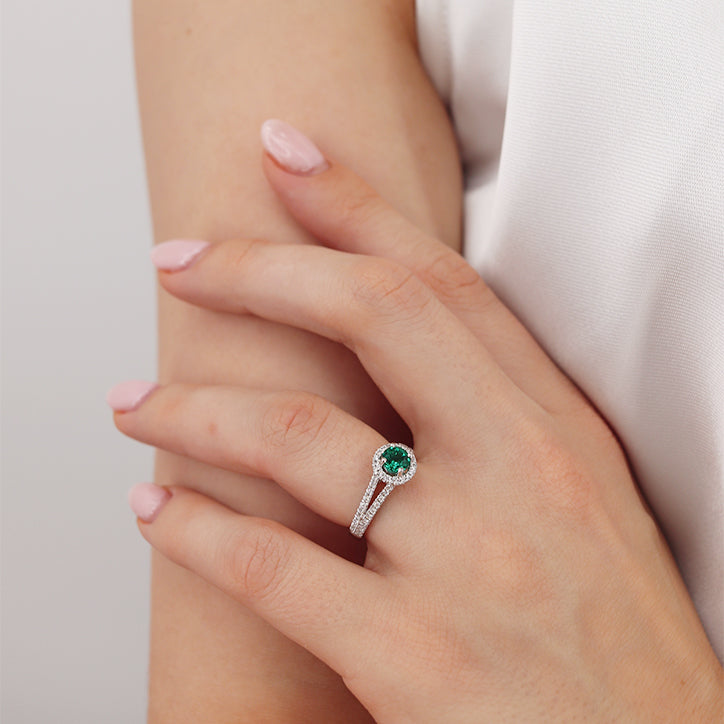 AMELIA - Chatham® Lab Grown Emerald & Diamond 18k White Gold Halo Ring