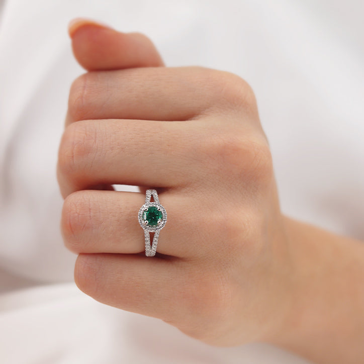 AMELIA - Chatham® Lab Grown Emerald & Diamond 18k Rose Gold Halo Ring