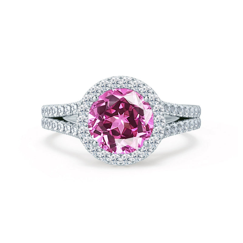 AMELIA - Lab Grown Pink Sapphire & Diamond 18k White Gold Halo Ring Engagement Ring Lily Arkwright