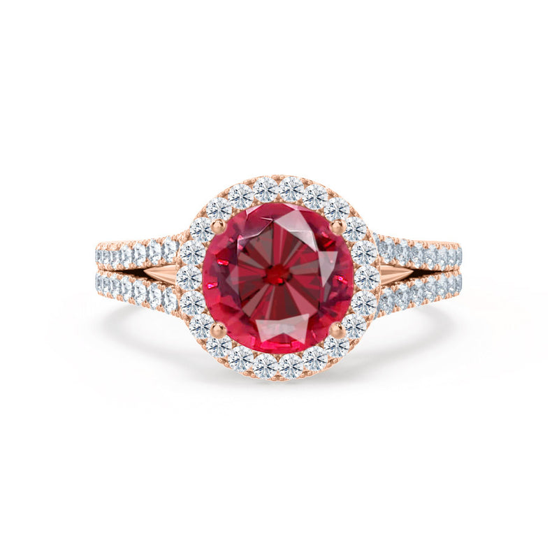 AMELIA - Lab Grown Red Ruby & Diamond 18k Rose Gold Halo Ring Engagement Ring Lily Arkwright