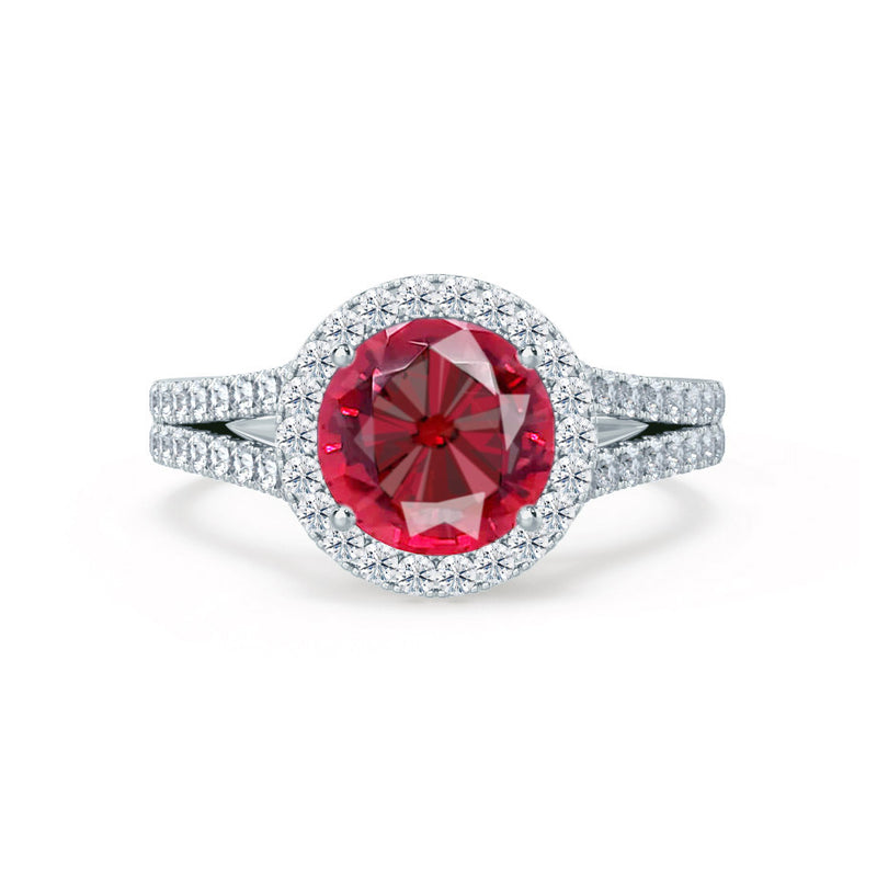AMELIA - Chatham® Lab Grown Red Ruby & Diamond Platinum Halo Ring ...