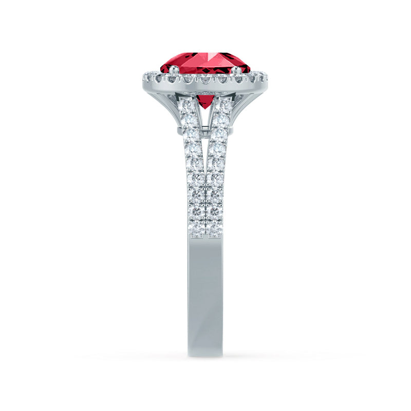 AMELIA - Lab Grown Red Ruby & Diamond Platinum Halo Ring Engagement Ring Lily Arkwright