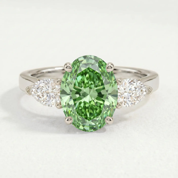 BLOSSOM - Oval Green Lab Diamond & Pear Lab Diamond 950 Platinum Trilogy Ring