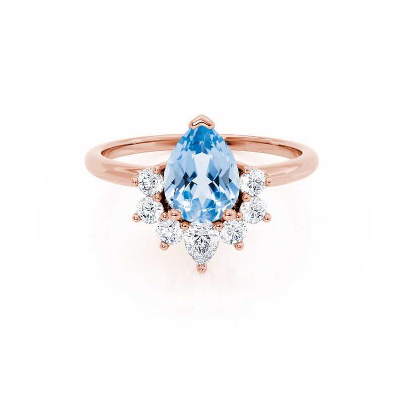 BALLET - Pear Aqua Spinel & Diamond Half Halo Tiara Ring 18k Rose Gold Engagement Ring Lily Arkwright