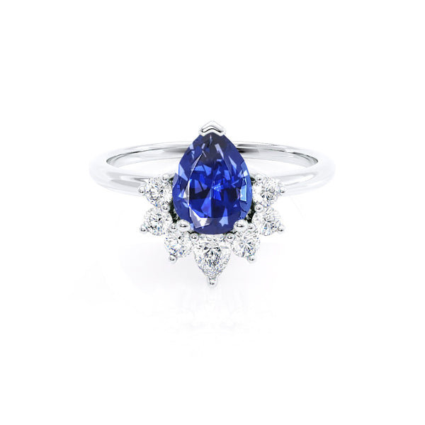 BALLET - Pear Blue Sapphire & Diamond Half Halo Tiara Ring 18k White Gold Engagement Ring Lily Arkwright