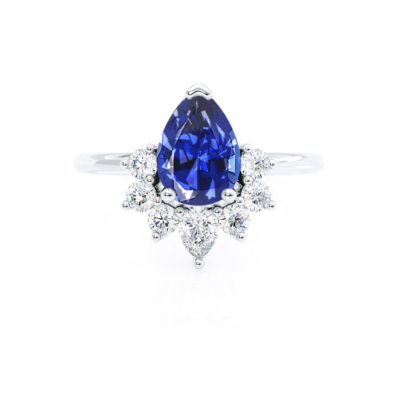 BALLET - Pear Blue Sapphire & Diamond Half Halo Tiara Ring 18k White Gold Engagement Ring Lily Arkwright