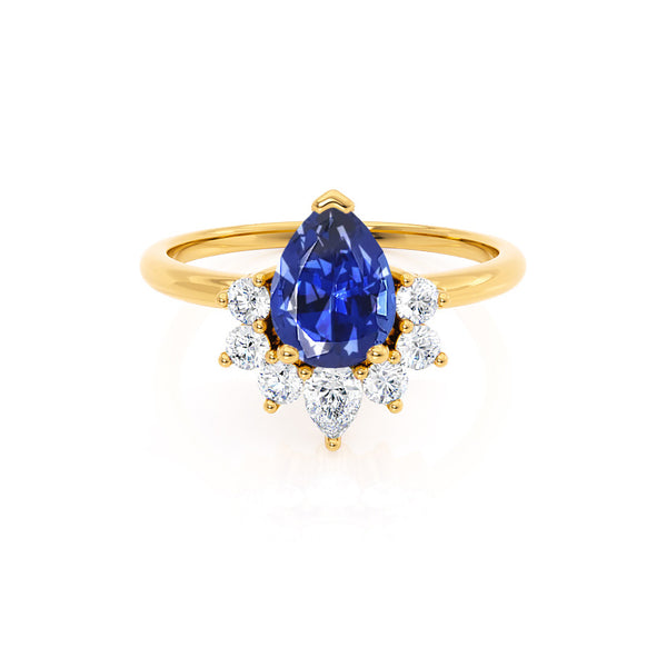 BALLET - Pear Blue Sapphire & Diamond Half Halo Tiara Ring 18k Yellow Gold Engagement Ring Lily Arkwright